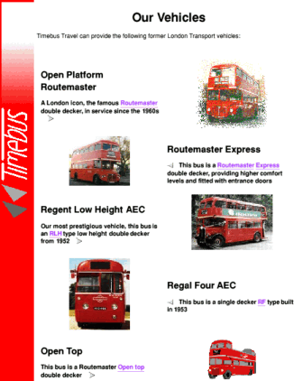 Vehicles page of web site in 2000