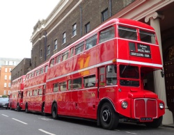 Line of double deckers from Timebus - Covent Garden