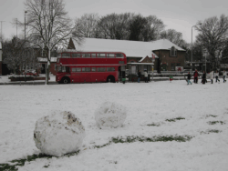 Bus pictured with snowballs - East Barnet